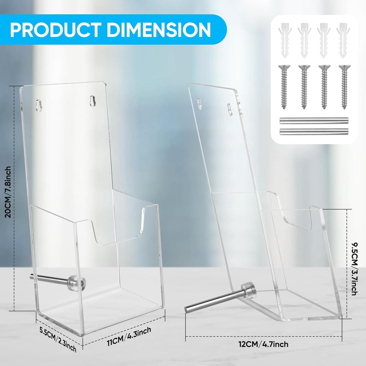 Acrylic Brochure Holder 2 Pack Clear 3 mm Thick Convertible Wall Mount & Desktop Display Stand for Flyers Menus Posters Office Retail Restaurant (2 Pack, 4.3*7.8inch)