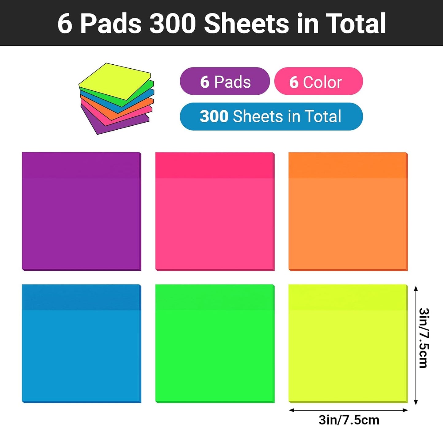 EUSOAR Transparent Sticky Notes, 300 Sheets 3x3 Inch Neon 6 Colors Planner Reminders Bible Sticky Notes Clear, Translucent Book Annotation Page Flags Stickers Nursing Note Pads for Home Work