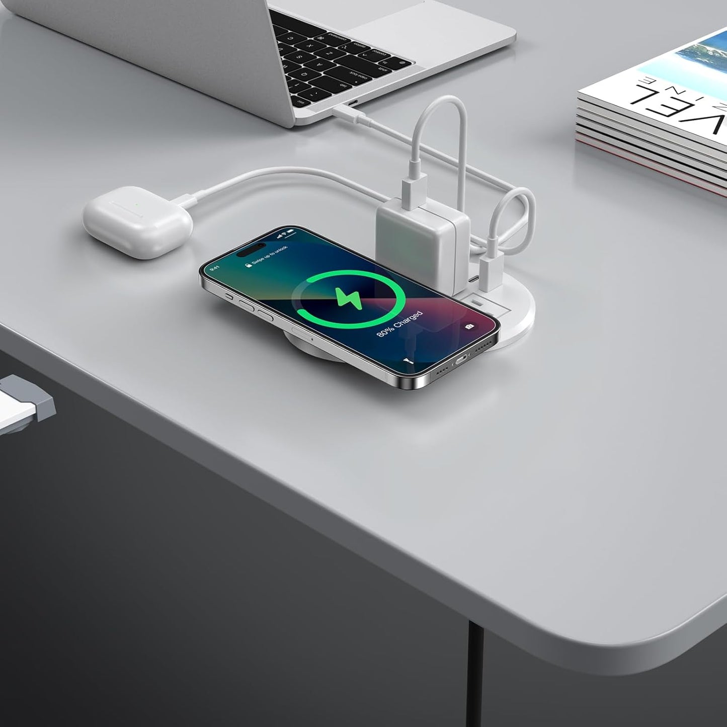 3 Inch Desk Recessed Power Grommet with 15W Wireless Charger, 20W USB-C Fast Charging Countertop Grommet Mount Power Outlet, with AC Outlets and 6ft Extension Cord