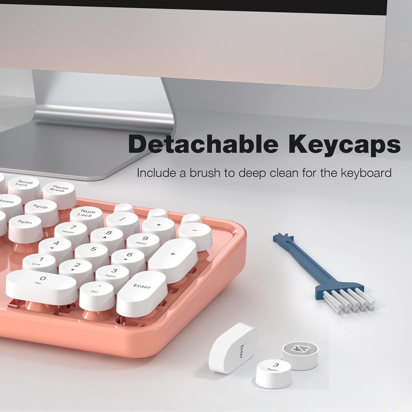 Wireless Keyboard and Mouse Combo, MOWUX Full Size Typewriter Retro Round Computer Keyboard, Mouse Wireless, Plug and Play, for Laptop, PC, Computer- Orange
