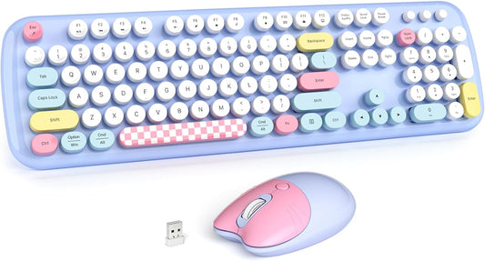 Wireless Keyboard and Mouse Combo for Windows, MOWUX 2.4G Full-Sized External Cordless Computer Keyboard, Compact Mouse, 8 Multimedia and Shortcut Keys, for PC, Laptop - Light Blue Colorful