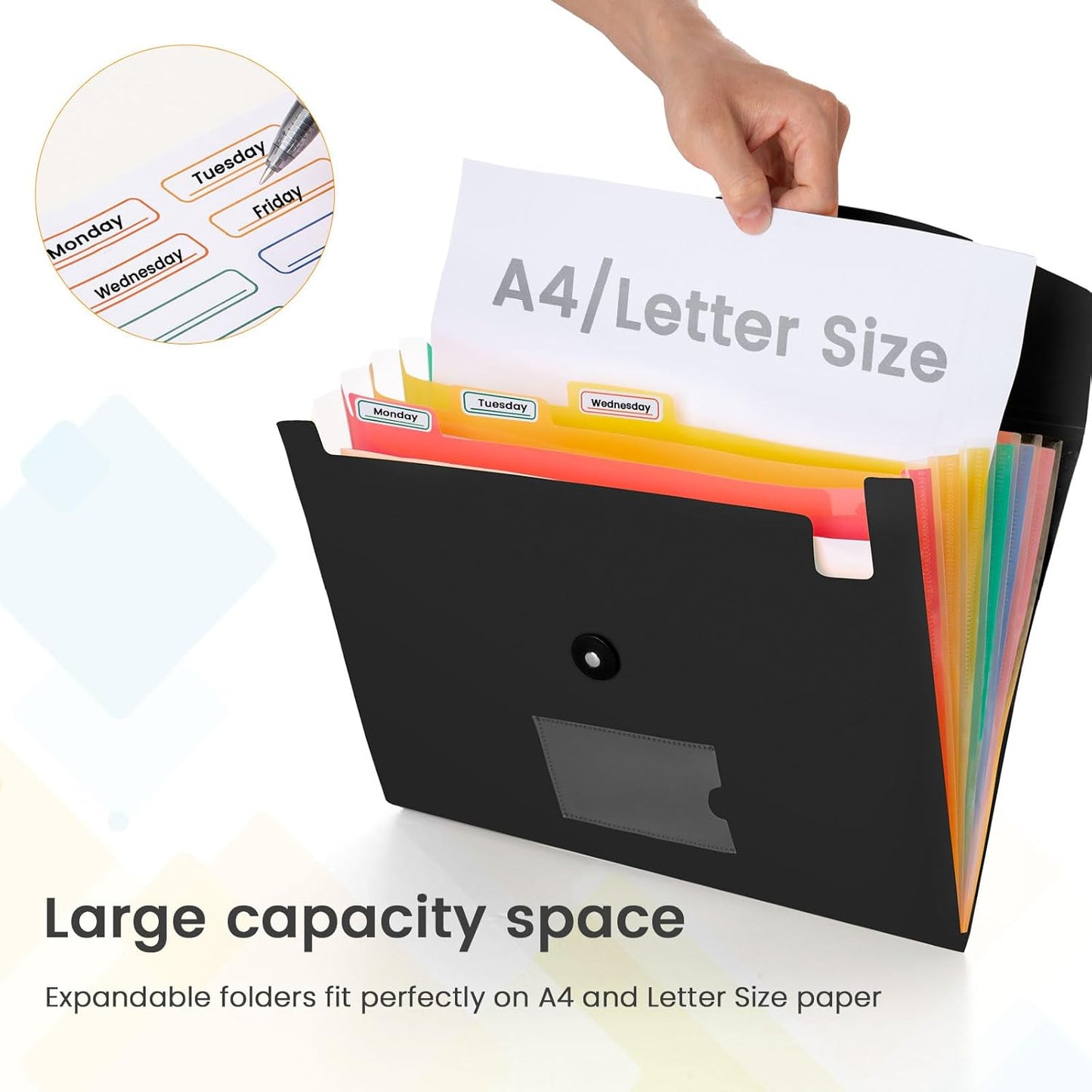 Accordion File Organizer, 7 Pockets Expanding File Folder with Labels, A4/Letter Size Portable Folders for Documents, Paper Organizer for School Office Supplies, Black