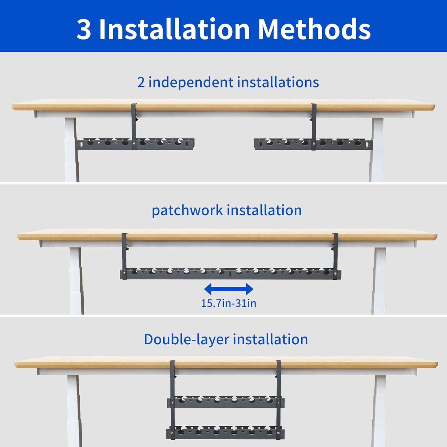 31Inch Extendable Under Desk Cable Management Tray Multi-Model Metal Cable Management Tray Under Desk Cord Management with Clamp Power Strip Cord Holder for Wire Cable Management, Black