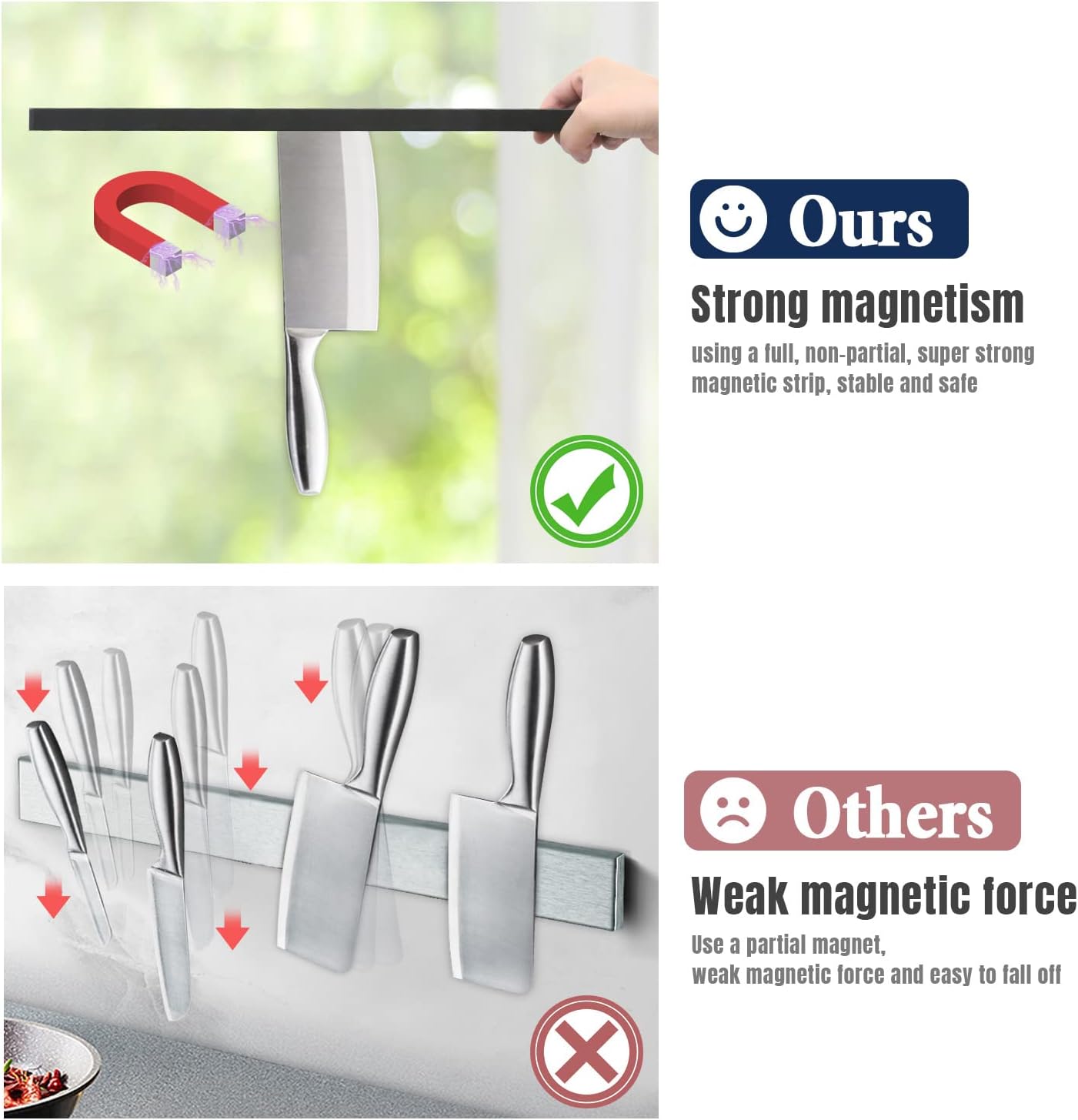 Dmore magnetic knife holder for wall—with 2 hooks, No Drilling 10 Inch black knife magnetic strip, Powerful knife magnet rack, include Adhesive Tape and screws for Knives, Utensils, and Tools