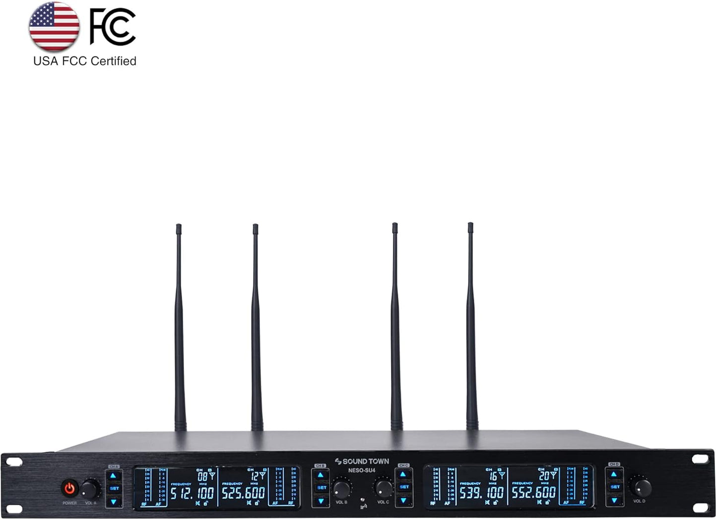 Sound Town 200 Channels UHF Wireless Microphone System with Metal Rack Mountable Receiver, 4 Lavalier Mics, 4 Bodypack Transmitters and Auto Scan, for Church, School, Meeting (NESO-SU4LL)