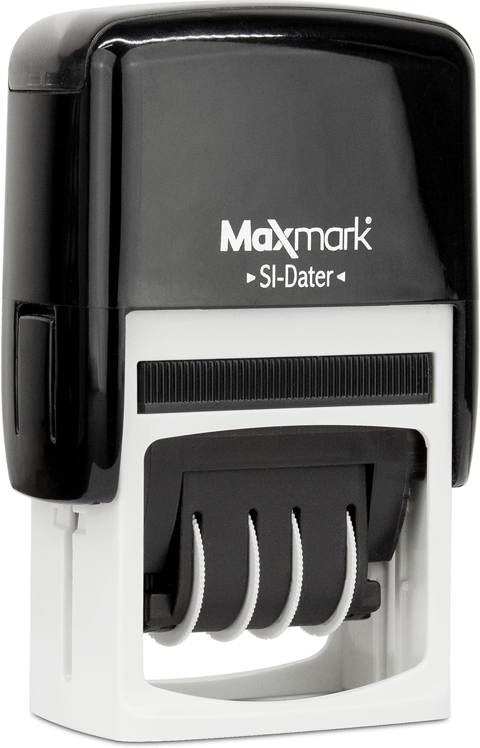 MaxMark Office Date Self Inking Stamp with 2-Line Custom Text - 1" x 1-5/8” - 2-Color Blue/Red Ink