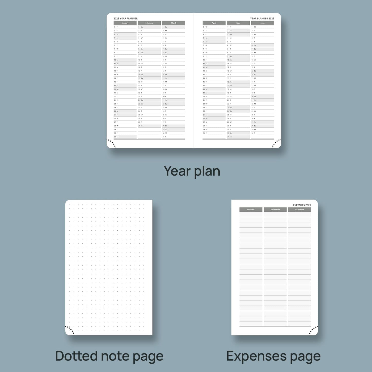 POPRUN Weekly Planner 2026 Calendar (Pocket 4'' x 6.25'') 12 Months Notebook with Horizontal Layout, Leather Hardcover, Inner Pocket, 100GSM Thick Paper, Pen Holder TJ - Pacific Green
