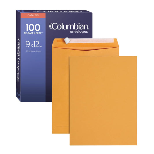 Columbian 9 x 12 Catalog Envelopes with Self Seal Closure, 28 lb Brown Kraft, for Mailing Flat Letter Size Documents or Photos, 100 Per Box (COLO341)