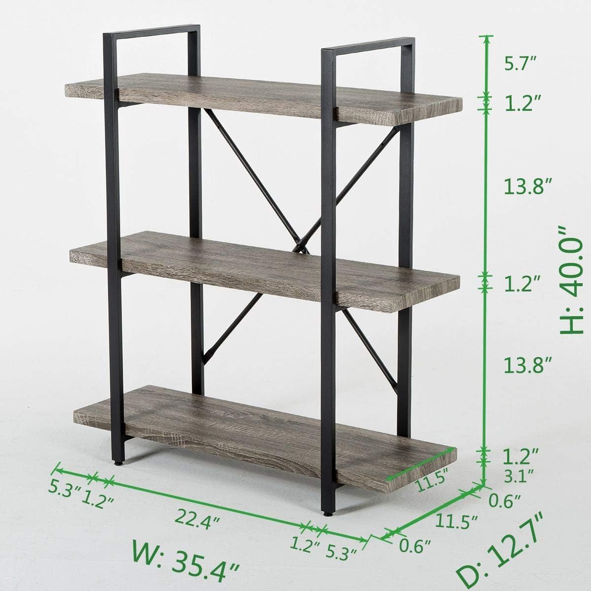 HSH 3-Shelf Bookcase, Rustic Gray 3 Tier Bookshelf, Vintage Industrial Wooden and Metal Display and Storage Bookshelves Tower for Home Office Livingroom Bedroom Light Grey Oak