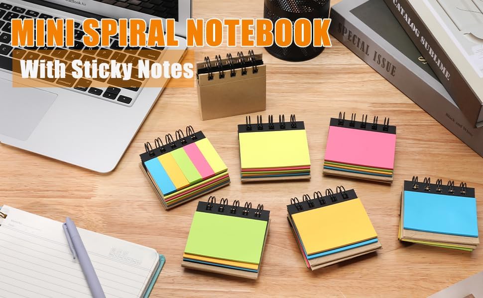 RHAWOM 12 Pads Mini Sticky Note Pads Sets,Hard Cover Cute Spiral Notepad with Variety Size,3 x 3.5 in ，Book Page Tabs Coil Post,Gifts for Work Friends Notebook Bulk 250 Count/Pad