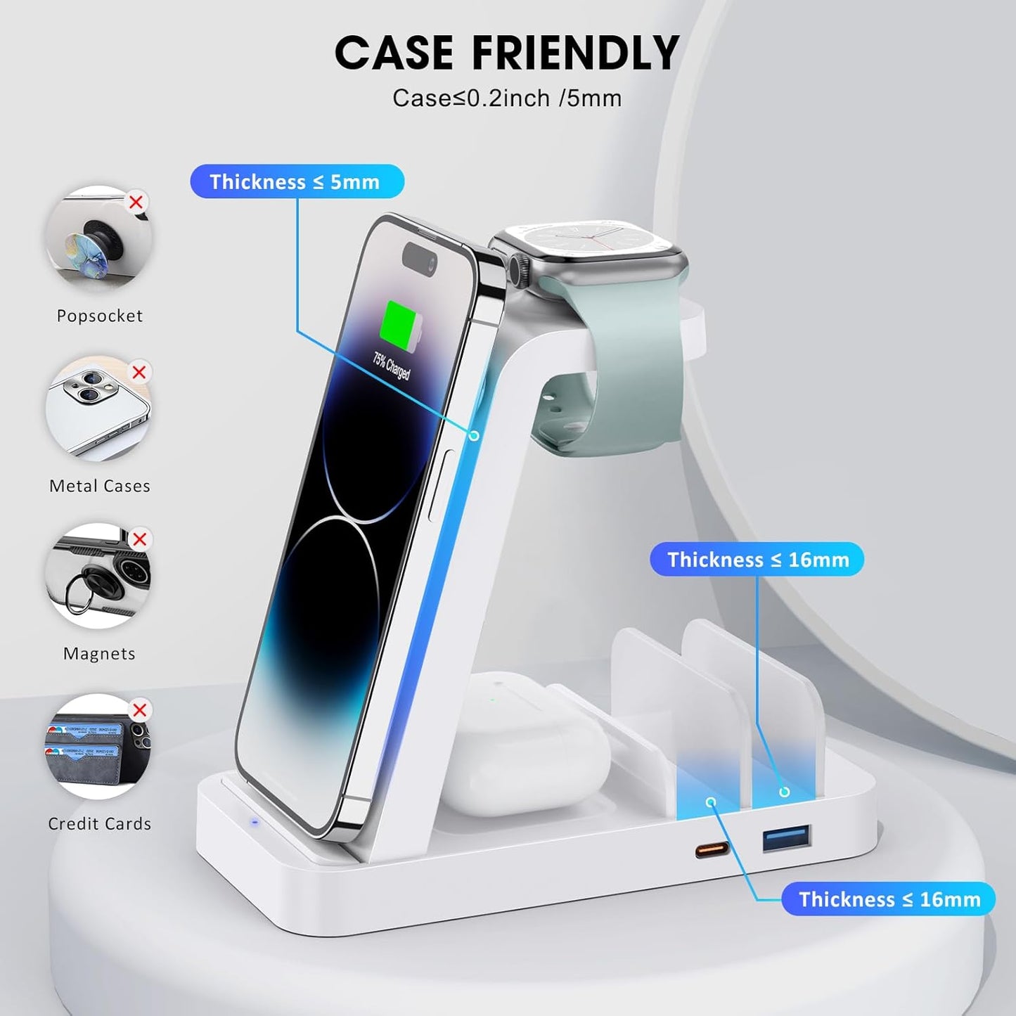 Wireless Charger for iPhone - 5 in 1 Charging Station for Multiple Devices Apple: Fast Wireless Charging Stand Dock for iPhone 17 16e 16 15 14 13 12 Pro Max Apple Watch Airpods(White)