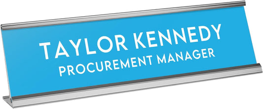 Custom Engraved Desk Plate | Personalized with your Name and Title | Perfect Decor for Office, Business, or Home | Multiple Font and Color Options | 2x8" or 2x10" (Baby Blue w/White Letters, 2x8")
