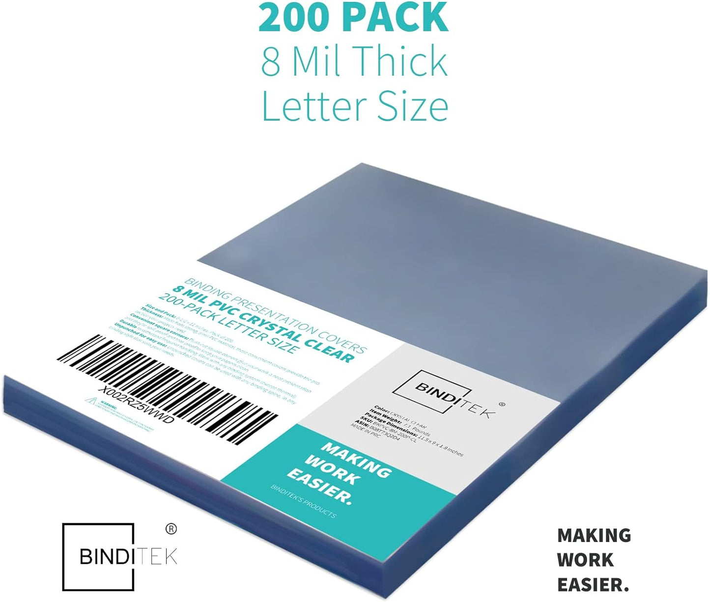 Binditek 200 Pack 8 Mil PVC Clear Binding Covers, 8.5 x 11 Inches, Letter Size, Square Corners, Un-Punched, Office Supplies