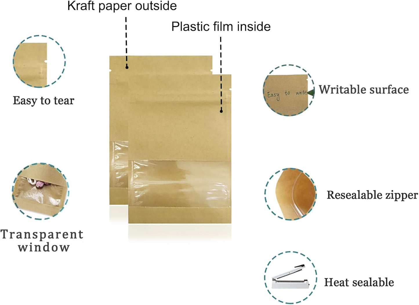 FERENLI 100 Pack 2.8x3.5 inch Small Resealable Seed Coin Envelopes Bags with Clear Window Brown Kraft Paper Heat Seal Packets for Flower Vegetable Seeds Storage Party Favor Pet Food Sample Bag