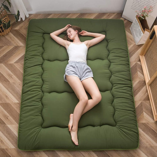 Japanese Floor Mattress Futon Mattress Thicken Tatami Mat Sleeping Pad Roll Up Mattress Floor Lounger Bed Folding Couch Bed Mattress Pad for Guest Room, Green, Queen