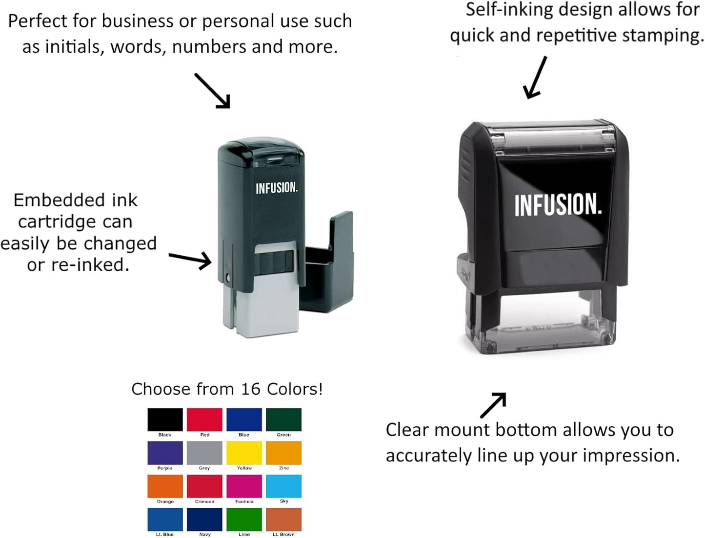 Infusion Self-Inking Custom Rubber Stamp (Personal or Business Use) - Choose from 16 Colors (1-1/4" x 2")
