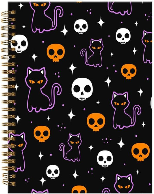 Spiral Journal Notebook,A5 Hardcover Lined Journals for Women Girl 6 x 8.3 in,120 Pages Thick Paper,Cute College Ruled Writing Notebook for Gifts Office Work School(Halloween Skull Cat)