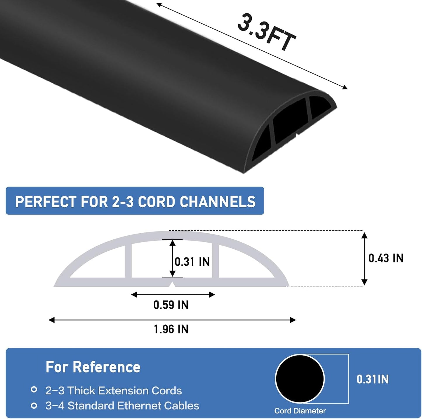 Floor Cord Cover Self Adhesive Cord Hider Floor Extension Cord Covers for Floor Power Cord Protector Cable Management Prevent Cable Trips Cable Cavity 0.59" W x 0.31" H (Black, 3.3Ft)