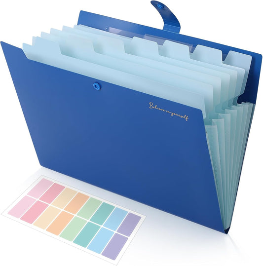 SKYDUE Expanding File Folder, Accordion File Organizer with 8 Pocket & Inner Card Pocket, Expandable Document Paper Receipt Holder for School Office Hospital, Letter/A4 Size Blue