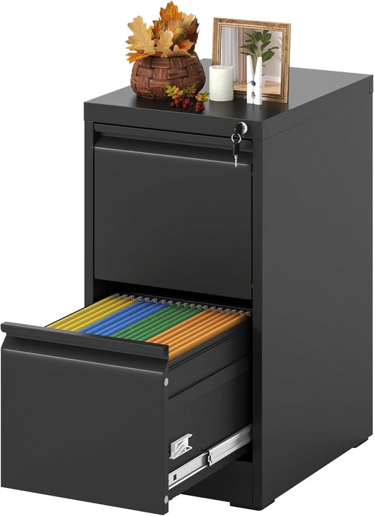 2 Drawer File Cabinet with Lock, Vertical File Cabinet with Lock, Locking File Cabinet Hanging Files for A4/ Legal/Letter,Black