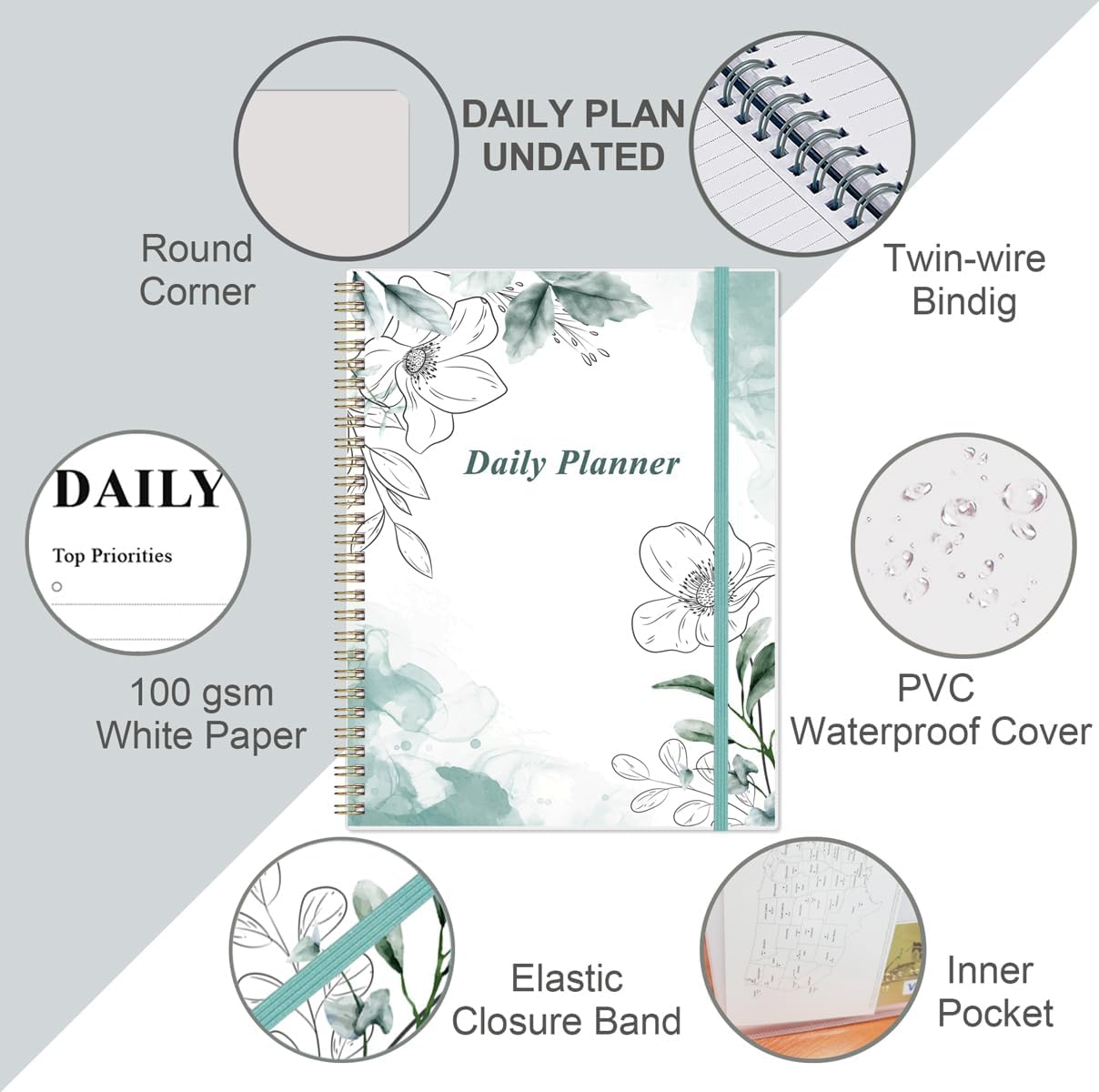 Daily Planner Undated - 8.5" x 11" To Do List Notebook Hourly Schedules, 150 Sheets/300 Pages Spiral Appointment Planner for Women and Men,PVC Hardcover, Inner Pocket, Elastic Closure, Teal Flowers