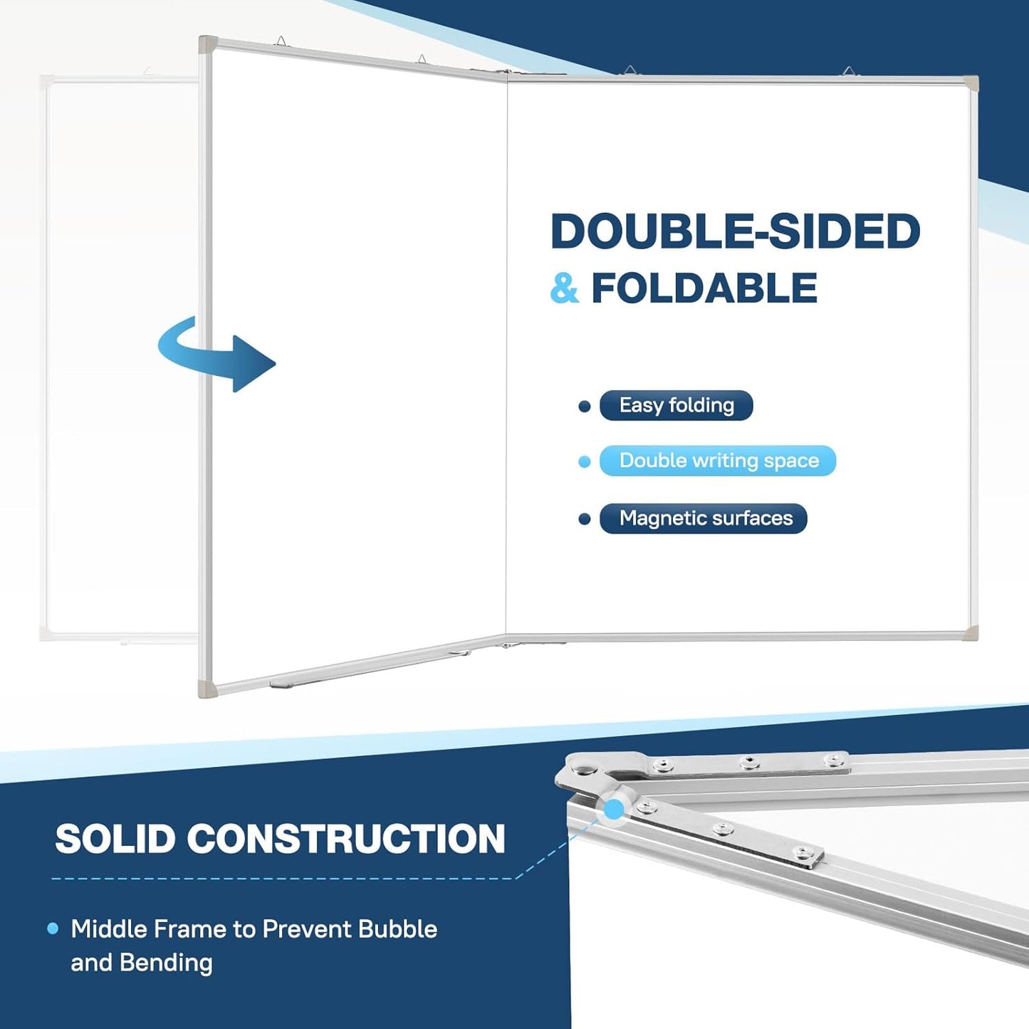 WALGLASS Large White Board Dry Erase Board, 60" x 40" Double-Sided Foldable Dry Erase Board for Wall, Magnetic Whiteboard for Office, Home, School, Kitchen