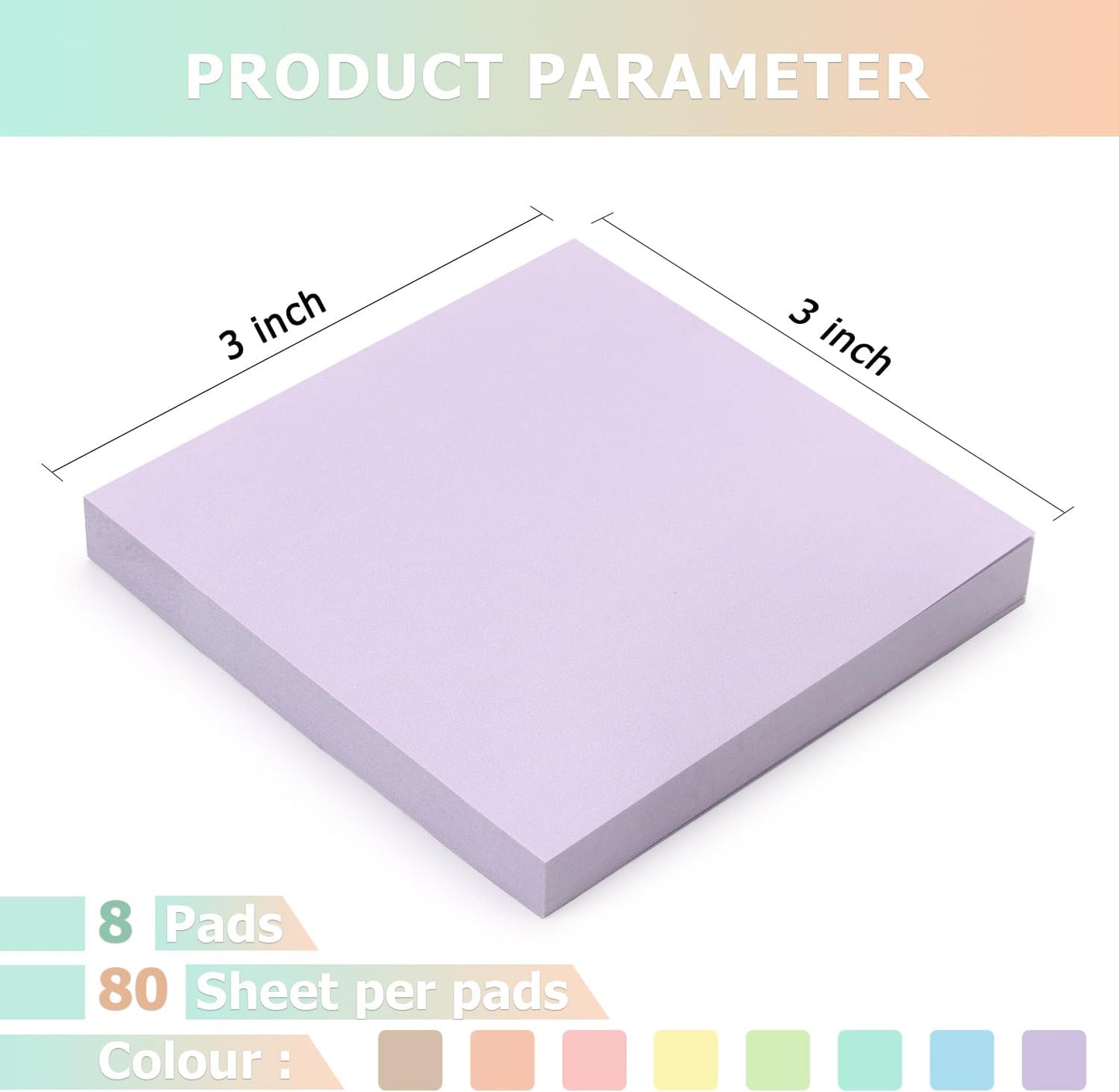 Sticky Notes 3x3inch, 8 Pads Self-Stick Notes, 8 Pastel Multi Colors with Gray Note Pads, Suitable for School, Home, Office, 80 Sheets/Pad