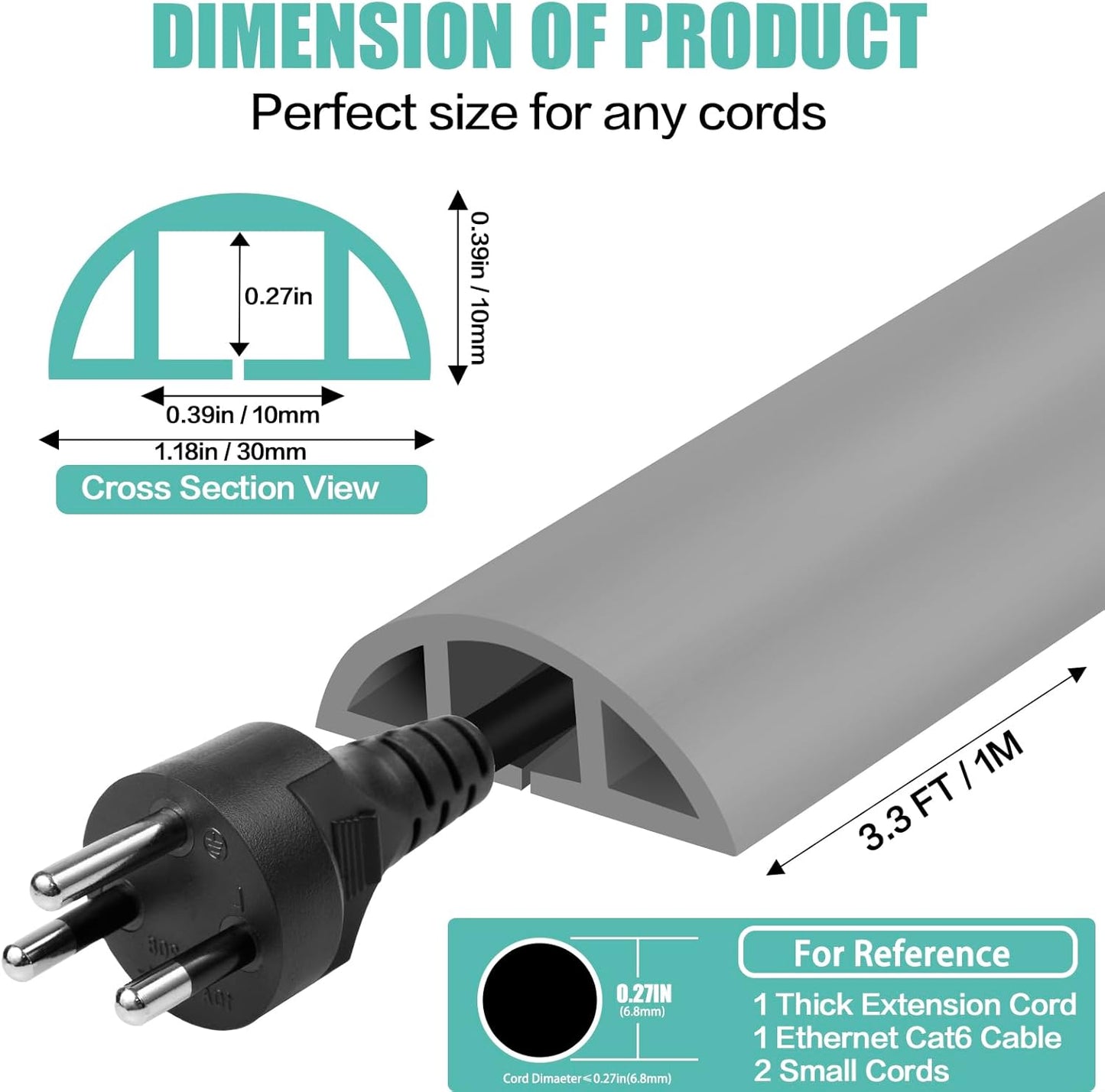 Floor Cord Cover Self Adhesive Cord Hider,3.3FT Cable Management, Extension Strip Protector for Wires, Prevent Cable Trips for Offices, Gyms, Exhibitions Cavity:0.39"(W) x 0.27"(H) Gray