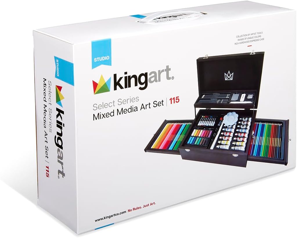 KINGART 131 MIXED MEDIA ART SET - 115 Pc., 2-Drawer Wooden Case, Pencils, Pastels, Paints, Brushes, Erasers, Sharpener, Palette Knife, Palette, Painting, Drawing, All Skill Levels, 115 Pc.