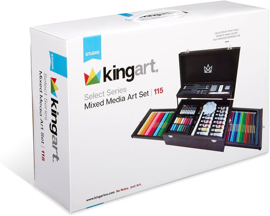 KINGART 131 MIXED MEDIA ART SET - 115 Pc., 2-Drawer Wooden Case, Pencils, Pastels, Paints, Brushes, Erasers, Sharpener, Palette Knife, Palette, Painting, Drawing, All Skill Levels, 115 Pc.