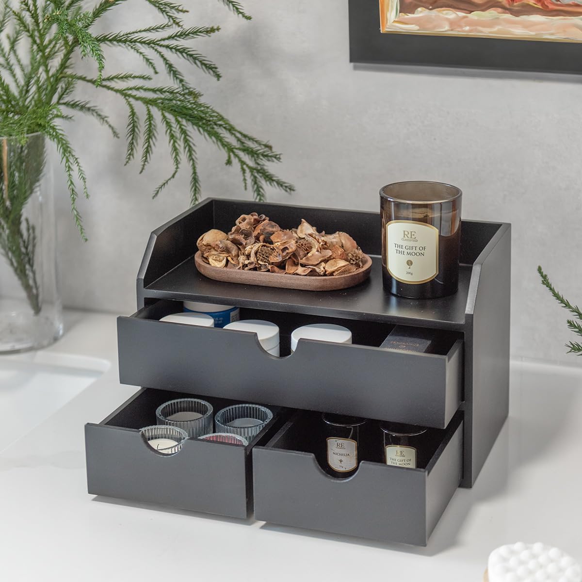 ROSE BLOOM Black Wood Desk Organizer with 3 Drawer, Mini Cute Cabinet with Storage Shelf for Tabletop, Small Desktop Box Organizer for Cosmetic Office Supplies