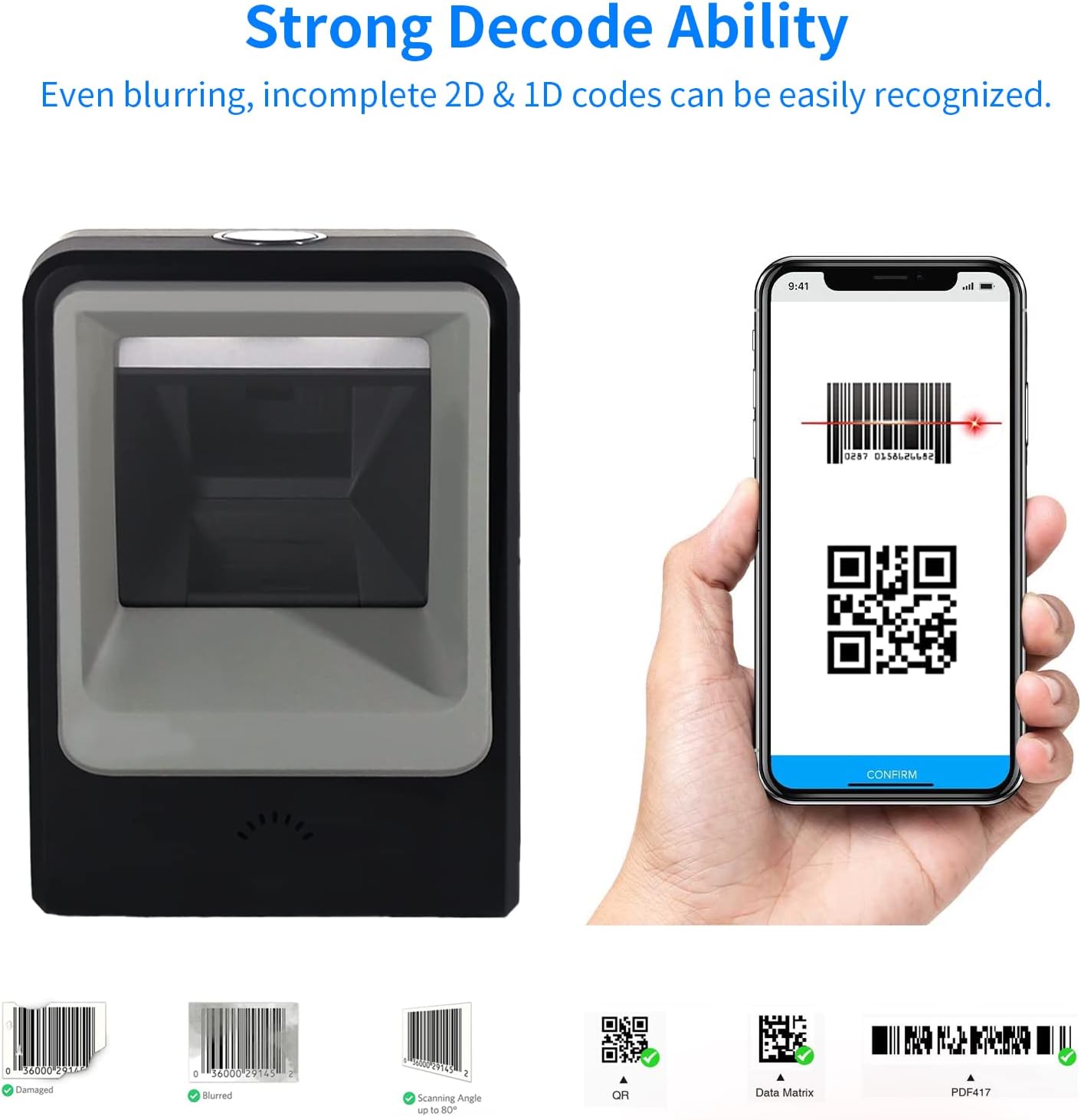 Handsfree 2D 1D Barcode Scanner,Alacrity QR Omnidirectional Desktop Bar Code Reader Scanner, Capture Barcodes from Mobile Phone Screen, Black