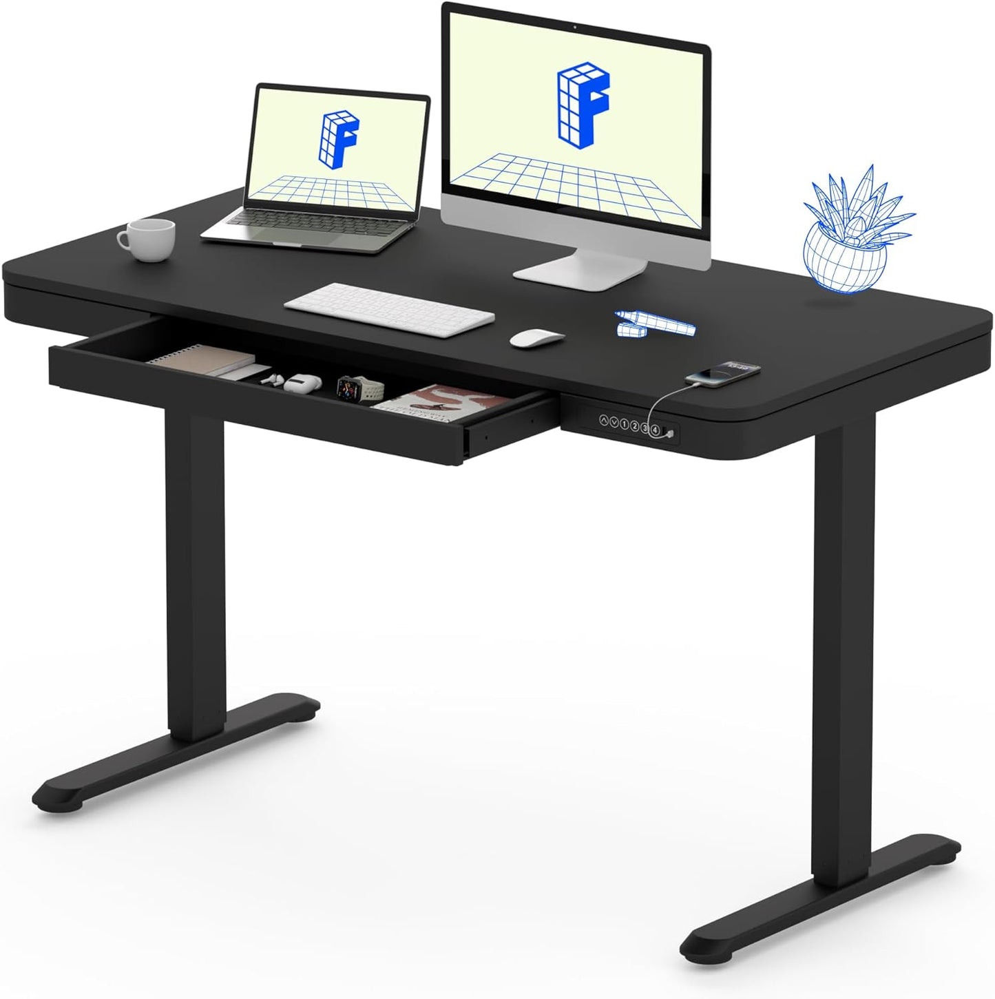 FLEXISPOT Comhar Electric Standing Desk with Drawer Desktop & Adjustable Frame Quick Install w/USB Charge Ports (Black, Wood)