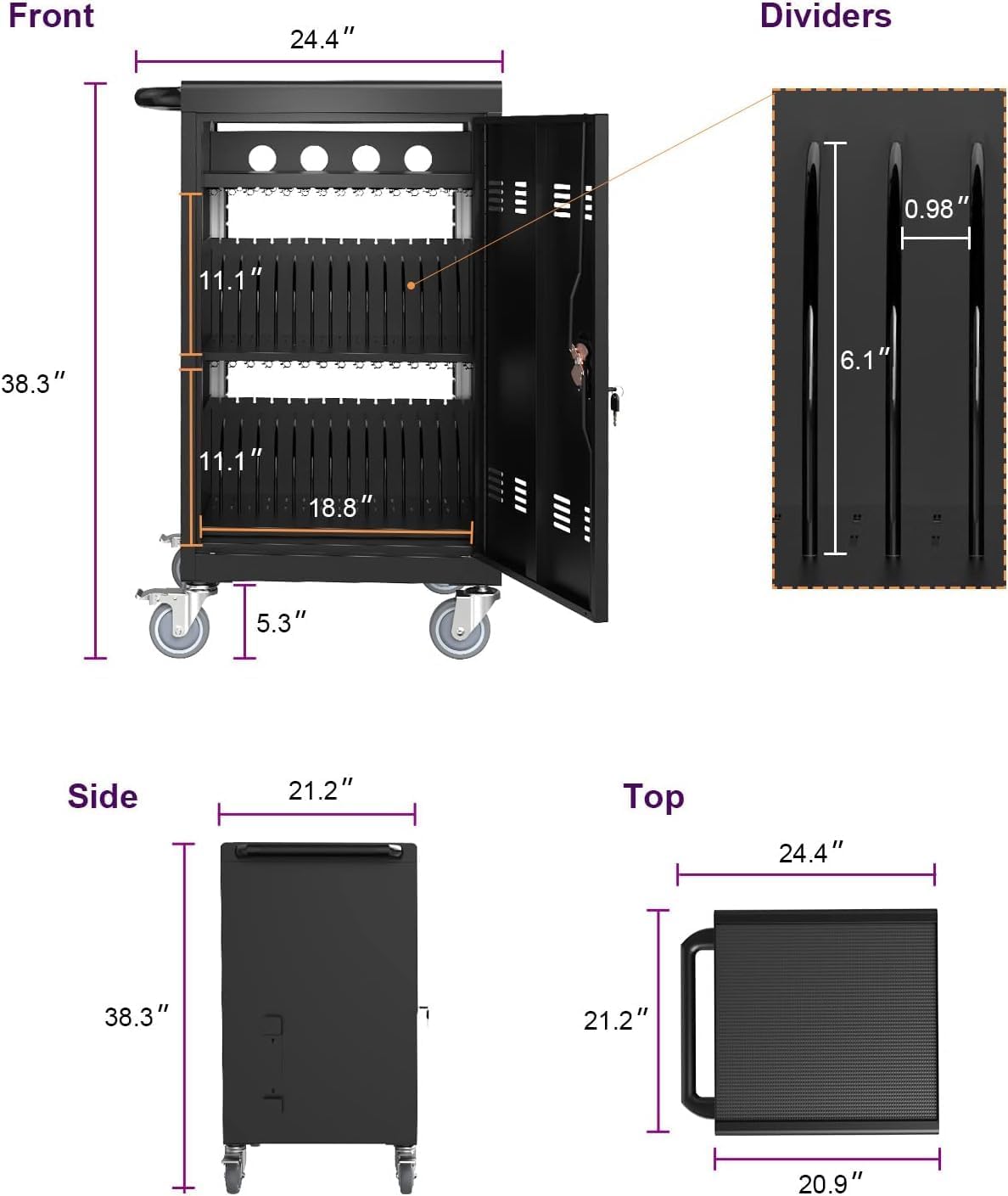 Laptop Charging Cart, 32 Devices Tablet Storage Carts for Ipad up to 16.3" Screen Size, Mobile Charging Station for Classroom, Fast Charging, Security Storage, Easy Use, Black