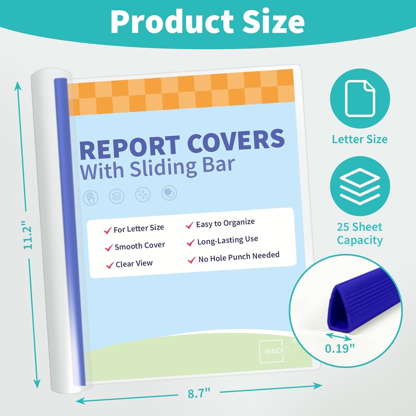 Binditek 12 Pack Clear Report Covers with Navy Sliding Bars, 25 Sheet Capacity, 5mm Binding Bars, Letter Size, 5.5 Mil Thick, for Students and Coworkers