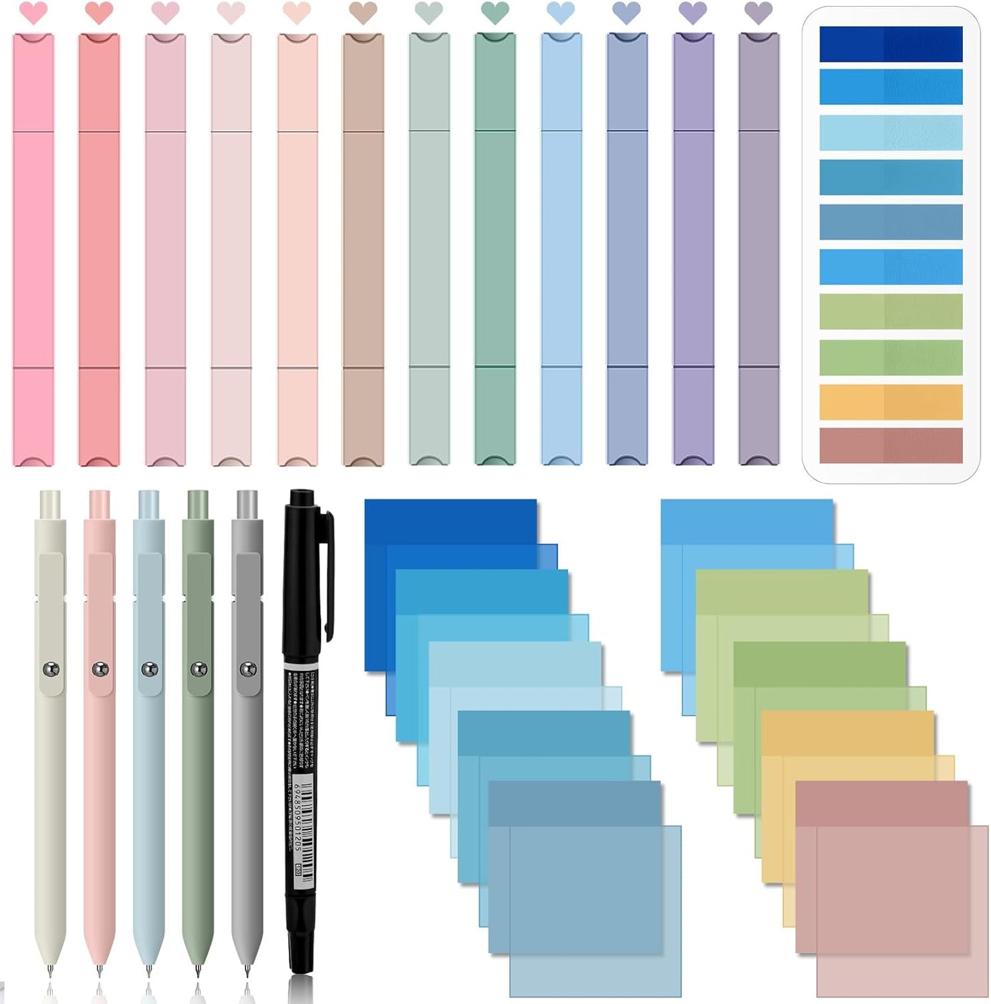 Jutom 38 Pcs Book Annotation Kit Aesthetic Highlighters Gel Pens Set Sticky Notes Tabs Markers Dual Ended Highlighter Quick Dry Ink Pens for Office Annotating Books(Blue Series,Square)