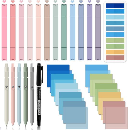 Jutom 38 Pcs Book Annotation Kit Aesthetic Highlighters Gel Pens Set Sticky Notes Tabs Markers Dual Ended Highlighter Quick Dry Ink Pens for Office Annotating Books(Blue Series,Square)