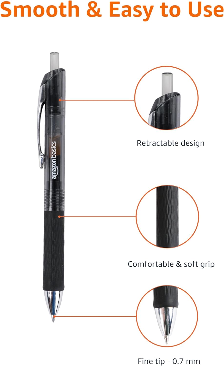 Amazon Basics Gel Pens Fine Point Smooth Writing Pens, Retractable, Black, 0.7mm, 12 Pack