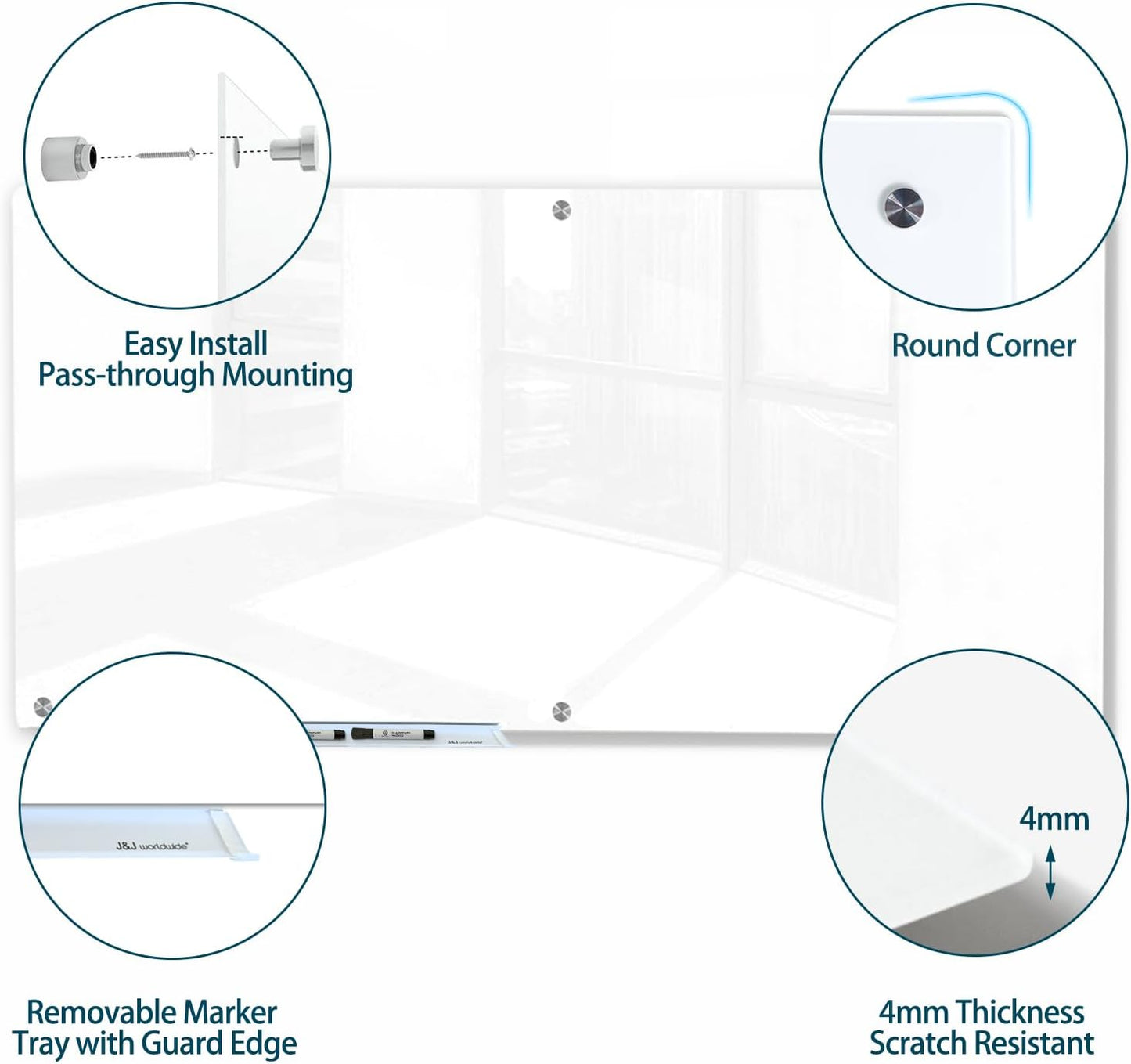J&J worldwide Glass Whiteboard, Magnetic Brilliance White Glass Dry Erase Board 6' x 4', Includes Markers, Marker Tray, Eraser for Wall, Office, Home, School
