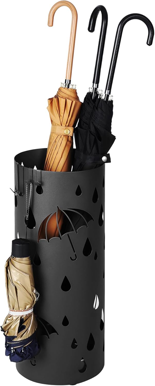 SONGMICS Umbrella Stand, Metal Umbrella Holder for Entryway, with Water Tray and 4 Hooks, 7.7 x 7.7 x 19.3 Inches, Round, Ink Black ULUC23B