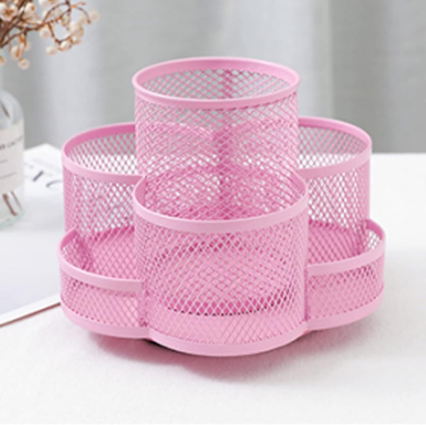 360 Rotatable Metal Mesh Desktop Pen Holder Pencil Holder Pencil Organizer Stationery Organizer Pen Pot Makeup Brush Organizer for Home School Office (Pink)