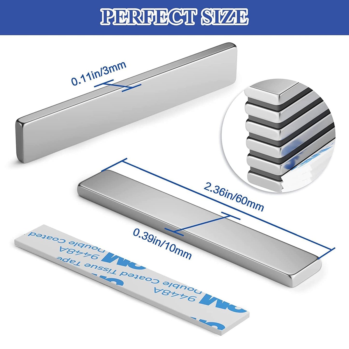 Grtard 6 Pack Super Strong Neodymium Magnets, Powerful Rare Earth Neodymium Bar Magnets, Heavy Duty Magnet Bar with Double-Sided Adhesive for Garage, Kitchen, Science, Craft, Office, DIY - 60x10x3mm