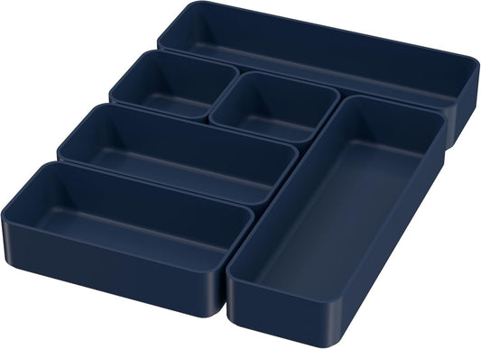 Drawer Organizers, Storage Plastic Desk Bins Stackable Organizers Tray, Bathroom Dividers Small Makeup Bin Clothes Organizing Trays for Containers Vanity Office Cabinet Sliverware Set, Blue