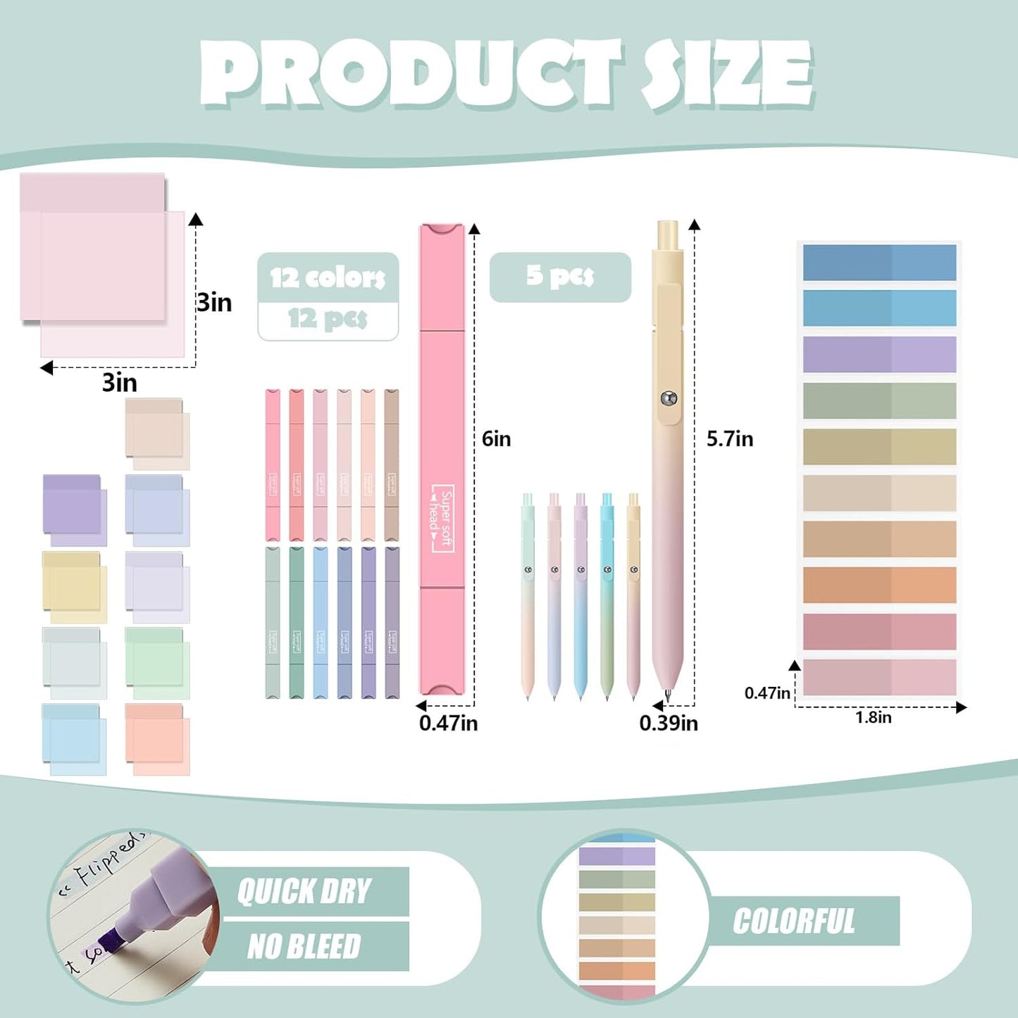 Jutom 38 Pcs Book Annotation Kit Aesthetic Highlighters Gel Pens Set Sticky Notes Tabs Markers Dual Ended Highlighter Quick Dry Ink Pens for Office Annotating Books(Delicate Color,Square)