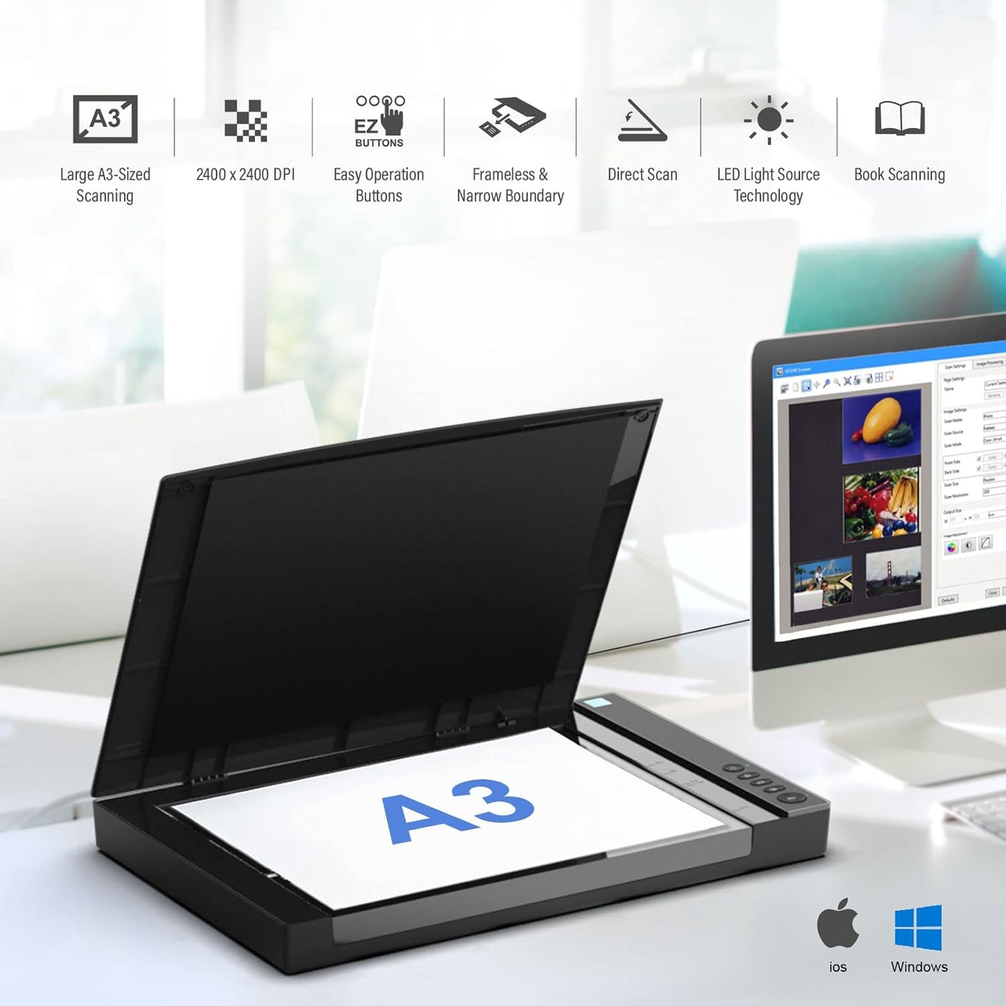 VIISAN VF3240 Large Format Flatbed Scanner, A3 Size, 2400 DPI, CIS Sensor, Scan 297 × 420 mm / 11.7" x 16.7" in 4 sec, Frameless, Auto-Scan, Document & Photo & Book Scanner, Supports Windows & Mac