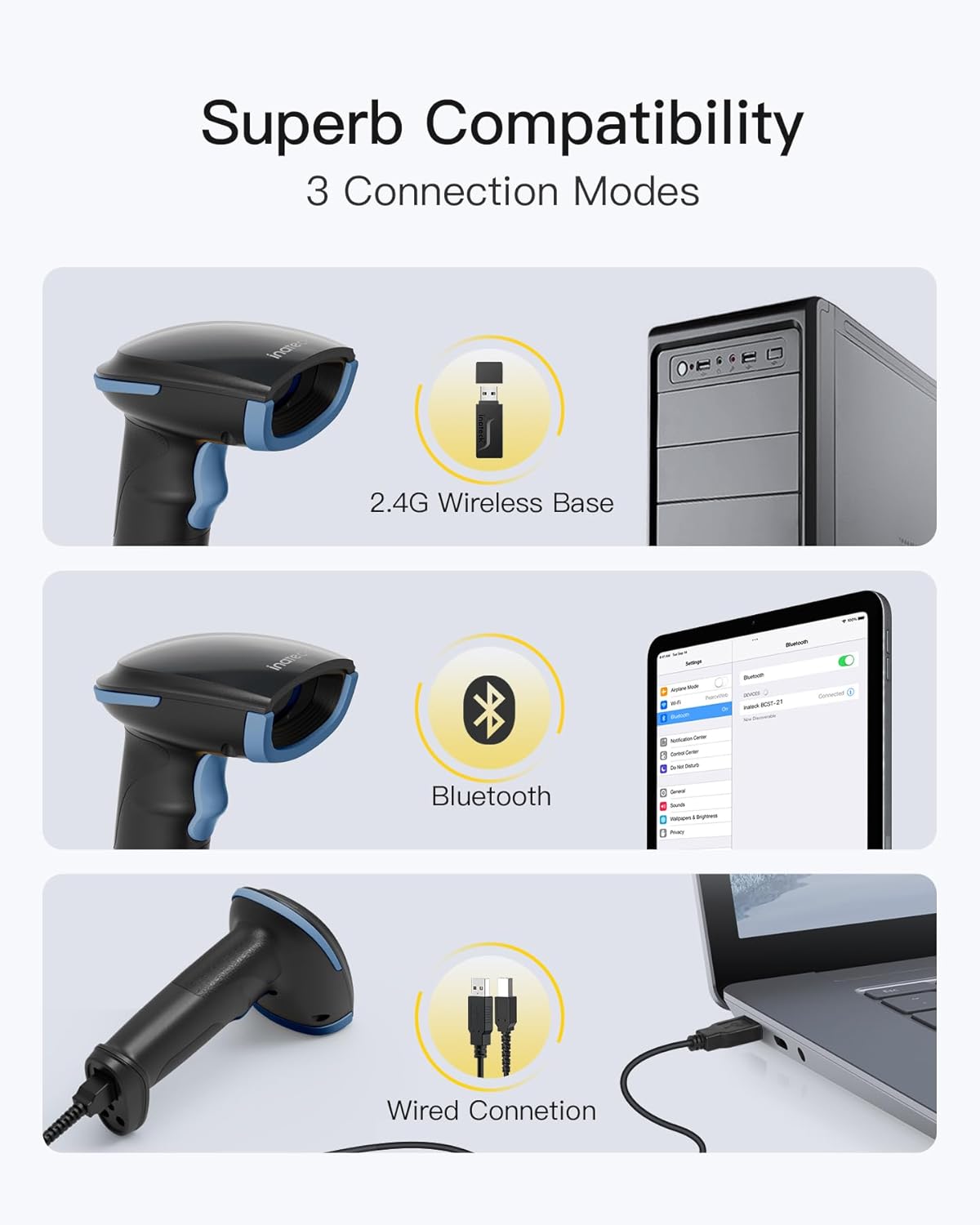Inateck 2D Barcode Scanner with Intelligent Stand, Wireless QR Code Scanner, Handheld Scanner with APP and SDK, 2D Imager with 2600mAh Battery, BCST-35 Blue