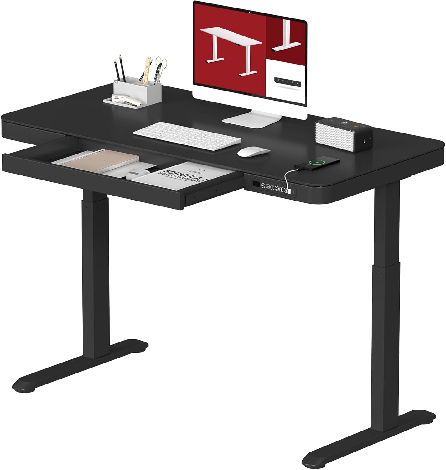Standing Desk with Drawer, Electric Height Adjustable Home Office Desk with Storage & USB Ports, 48 inch Black Wood Tabletop/White Frame