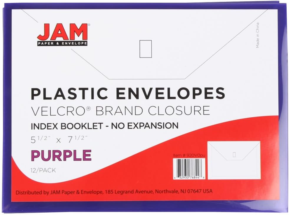 JAM PAPER Plastic Envelopes with Hook & Loop Closure - Index - 5 1/2 x 7 1/2 - Purple - 12/Pack