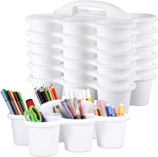 6 Pack Classroom Caddy with Handle Plastic Storage Caddy Organizer with 6 Compartments Drink Cup Caddies Holder Portable Storage Bin for Pencil, Crayon, Marker, Home, Office, School Supplies(White)