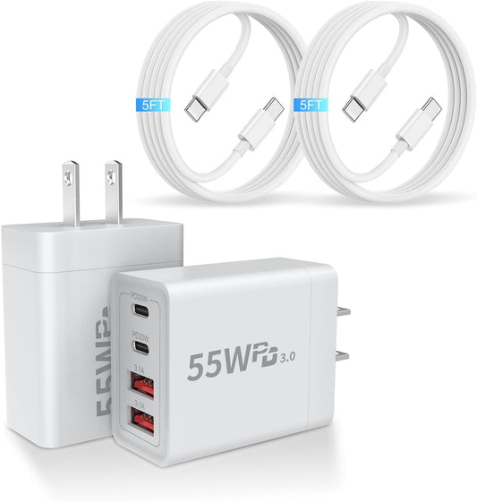 2 Pack USB C Charger Block, 55W 4-Port USB C Fast Wall Charger Dual Port QC + PD 3.0 Power Adapter, Multiport Type C Charging Brick with Lightning Cable for iPhone 16 15 14 13 12 11 Pro Max XS,Samsung